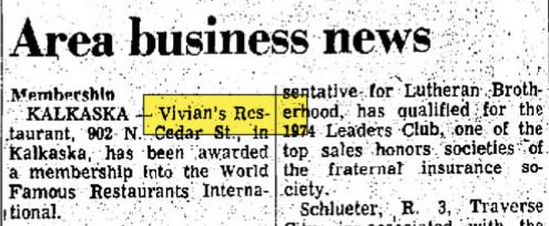 Vivians Restaurant - Feb 1975 Award